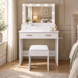 AKI HAUS 80cm 4-Drawer Dressing Table with Nine-Bulb Mirror & Stool in White - thumbnail 1