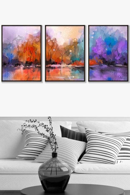 ARTZE Set of 3 Black Framed Abstract Purple Orange Violet Dawn Wall Art - Size: W33 cm x H45 cm x D20mm - image 1