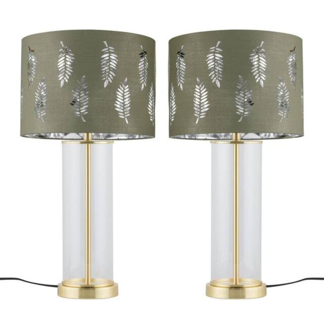 First Choice Lighting Set of 2 Aura - Satin Brass Lamps with Sage Green Fern Silver Shades in Gold - image 1