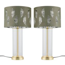 First Choice Lighting Set of 2 Aura - Satin Brass Lamps with Sage Green Fern Silver Shades in Gold - thumbnail 1