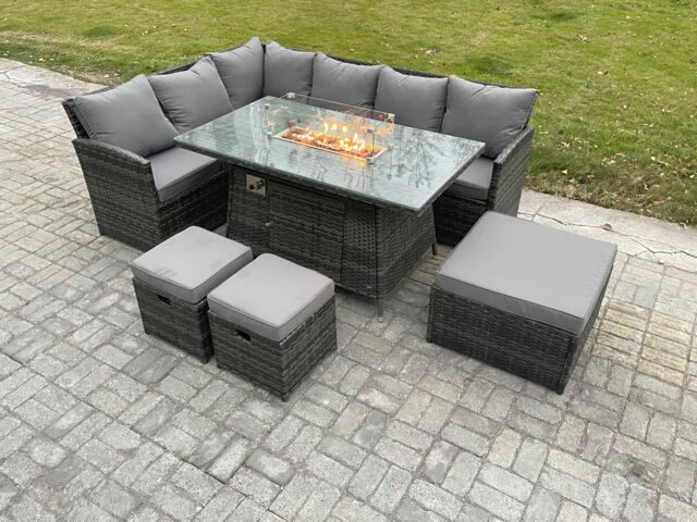 Fimous Rattan Garden Furniture High Back Corner Sofa Gas Fire Pit Dining Table Sets Gas Heater with 3 Footstools 9 Seater in Dark Grey - image 1
