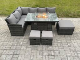 Fimous Rattan Garden Furniture High Back Corner Sofa Gas Fire Pit Dining Table Sets Gas Heater with 3 Footstools 9 Seater in Dark Grey - thumbnail 2