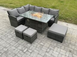 Fimous Rattan Garden Furniture High Back Corner Sofa Gas Fire Pit Dining Table Sets Gas Heater with 3 Footstools 9 Seater in Dark Grey - thumbnail 1