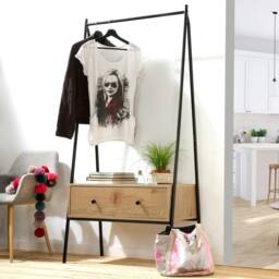 CALICOSY Black Metal Wardrobe With 1 Drawer, Oak Finish, H170cm - JILL in Light Oak - thumbnail 2