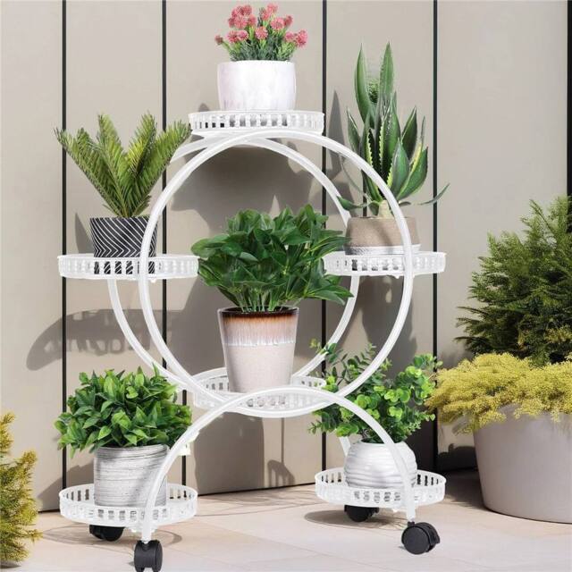 Kelvenix Rolling Metal Plant Stand Shelves 6 Potted Display Rack in White - Size: 0.6m2 - image 1