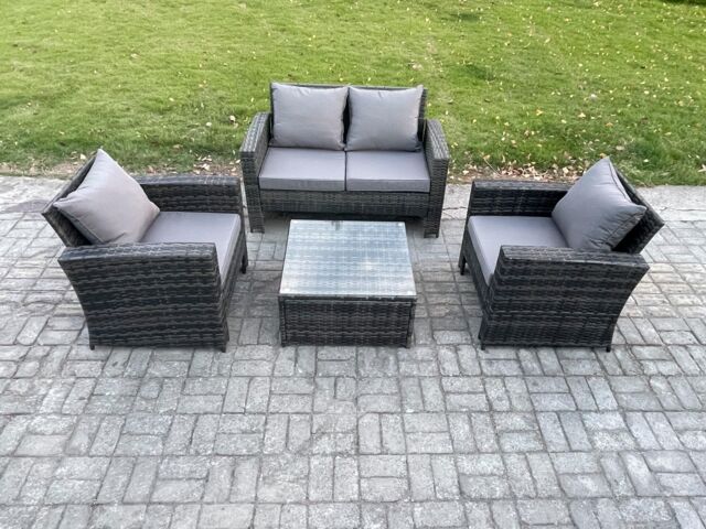 Fimous 4 PCS Outdoor Lounge Sofa Set Wicker PE Rattan Garden Furniture Set with Armchair Squar Coffee Table in Dark Grey