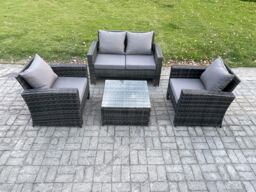 Fimous 4 PCS Outdoor Lounge Sofa Set Wicker PE Rattan Garden Furniture Set with Armchair Squar Coffee Table in Dark Grey - thumbnail 1