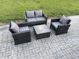 Fimous 4 PCS Outdoor Lounge Sofa Set Wicker PE Rattan Garden Furniture Set with Armchair Squar Coffee Table in Dark Grey - thumbnail 2