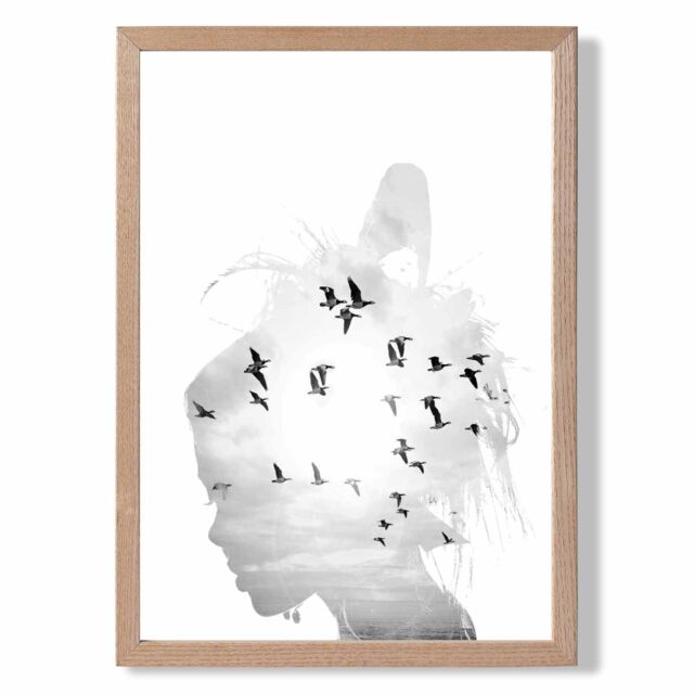 ARTZE Abstract & Seabirds Fashion Black & White Photo Framed Print SIZE: A4 with Oak Frame - image 1