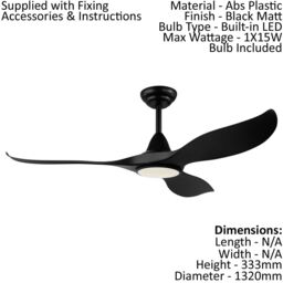 Loops Remote Control Ceiling Fan & Light Matt Black Abs Plastic 15W Built in LED - thumbnail 2