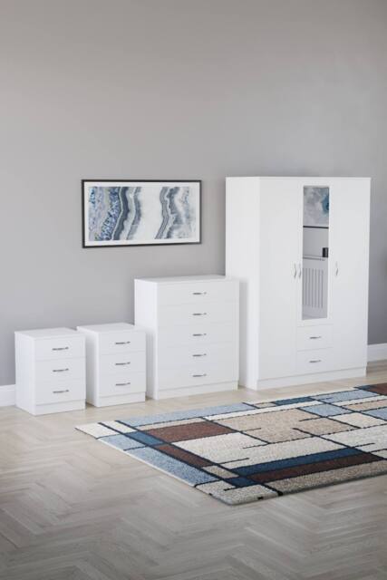 Home Discount Vida Designs 4Pc Bedroom Set 2x3Bedside, 5 Drawer, 3Dr Mirror Wardrobe in White