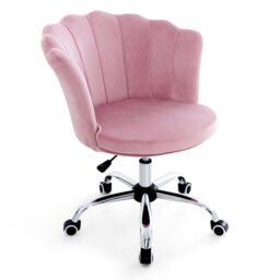 Costway Adjustable Vanity Chair Upholstered Velvet Arm Chair with Wheels in Pink