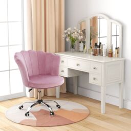 Costway Adjustable Vanity Chair Upholstered Velvet Arm Chair with Wheels in Pink - thumbnail 4