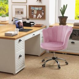Costway Adjustable Vanity Chair Upholstered Velvet Arm Chair with Wheels in Pink - thumbnail 3