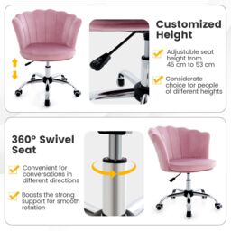 Costway Adjustable Vanity Chair Upholstered Velvet Arm Chair with Wheels in Pink - thumbnail 5
