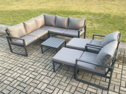Fimous 9 Seater Outdoor Aluminium Garden Furniture Set Corner Lounge Sofa Set with Square Coffee Table 2 Big Footstools Dark Grey - thumbnail 1