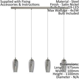 Loops Pendant Light Satin Nickel Shade Black Clear Smoked Glass Granilla Bulb G9 4x3W in Metallics - thumbnail 2