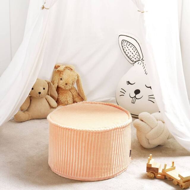 Wyld and Coco Peach Pink Round Pouffe Cotton Velvet Ribbed Corduroy Texture - image 1