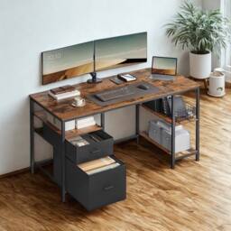 Pirlo Plush Industrial 140CM Computer Desk With Storage Shelves & Drawer Oak in Brown - thumbnail 2
