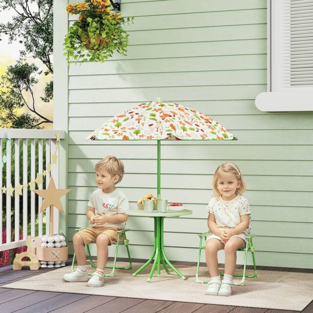 AIYAPLAY Kids Garden Table & Chair Set, Outdoor Patio Set w/ Parasol in Green - image 1