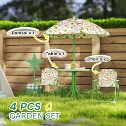 AIYAPLAY Kids Garden Table & Chair Set, Outdoor Patio Set w/ Parasol in Green - thumbnail 4