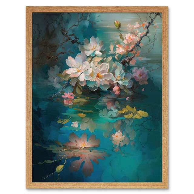 "Artery8 Wall Art Print Low Hanging Cherry Blossom Branch in River Stream Modern Watercolour Painting Art Framed in Light Oak - Size: W12"" x H16""" - image 1