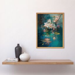 "Artery8 Wall Art Print Low Hanging Cherry Blossom Branch in River Stream Modern Watercolour Painting Art Framed in Light Oak - Size: W12"" x H16""" - thumbnail 2