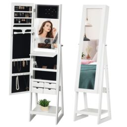 HOMCOM LED Light Jewelry Cabinet Storage Armoire 2 Mirrors Drawers in White - thumbnail 2