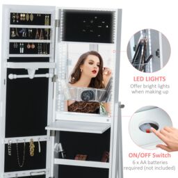 HOMCOM LED Light Jewelry Cabinet Storage Armoire 2 Mirrors Drawers in White - thumbnail 6