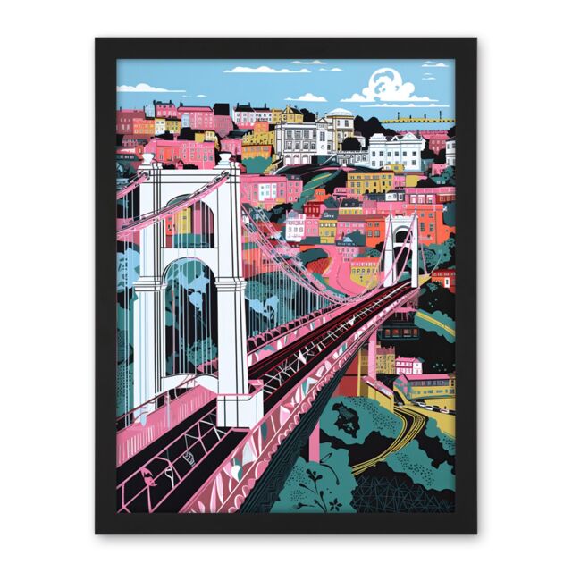 "Artery8 Wall Art Print Clifton Suspension Bridge Pink & Teal Cityscape Large Framed Wall Décor Art in White - Size: W18"" x H24""" - image 1