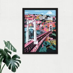 "Artery8 Wall Art Print Clifton Suspension Bridge Pink & Teal Cityscape Large Framed Wall Décor Art in White - Size: W18"" x H24""" - thumbnail 2
