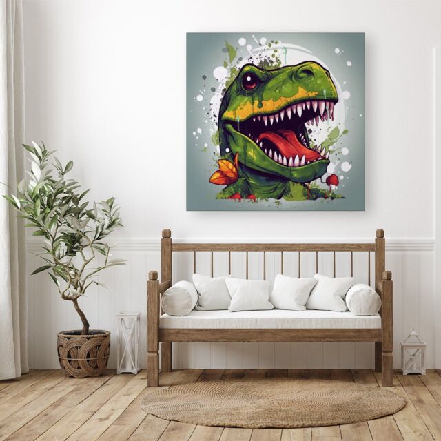 "Warren Reed - Designer Laughing T-Rex Canvas in Green - Size: W30"" x H30""" - image 1
