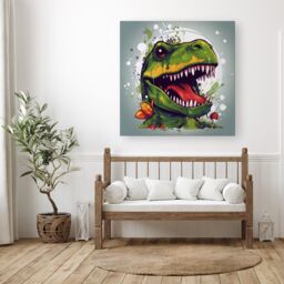 "Warren Reed - Designer Laughing T-Rex Canvas in Green - Size: W30"" x H30""" - thumbnail 1