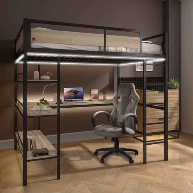 X Rocker Denver High Sleeper Bunk Bed With App Controlled Lights & XL Desk in Light Oak - Size: Double - image 1