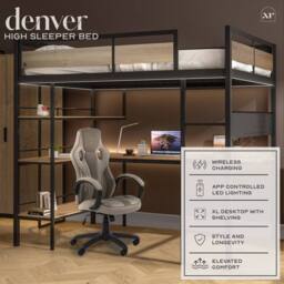 X Rocker Denver High Sleeper Bunk Bed With App Controlled Lights & XL Desk in Light Oak - Size: Double - thumbnail 2