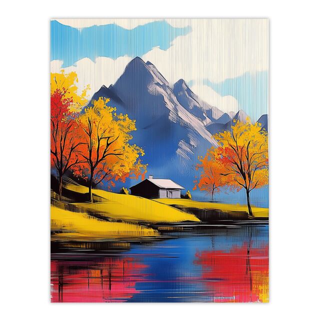 "Artery8 Lakehouse Cottage Mountain Lake Autumn Landscape Wall Art Print - Size: W12"" x H16""" - image 1