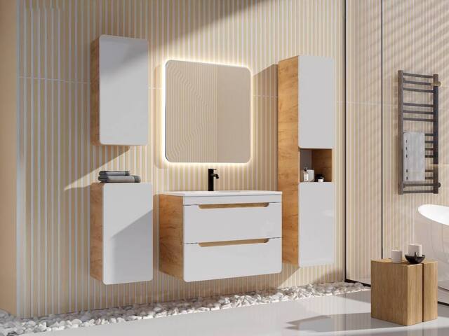 Vente-unique Wall-Hung Bathroom Unit With Inset Basin & Three Tall Units in Light Oak - image 1