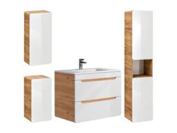 Vente-unique Wall-Hung Bathroom Unit With Inset Basin & Three Tall Units in Light Oak - thumbnail 4