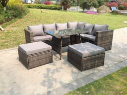 Fimous 8 Seater Grey Rattan Corner Sofa Set Dining Table 2 Big Footstool Garden Furniture Outdoor in Dark Grey - thumbnail 1