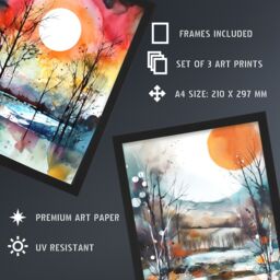 Artery8 A4 Wall Art & Frame Set of 3 Winter Countryside Sun Moon Dawn Snow - thumbnail 3