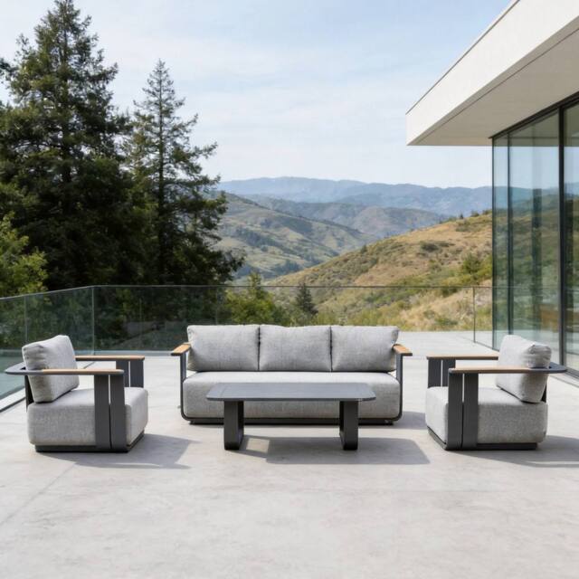 MIMO Garden 5-Seater Aluminum Sofa Set with Teak Armrests, Coffee Table in Grey - Size: 1 Pack - image 1