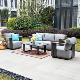 MIMO Garden 5-Seater Aluminum Sofa Set with Teak Armrests, Coffee Table in Grey - Size: 1 Pack - thumbnail 2