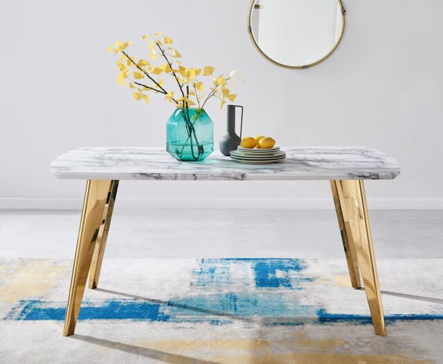 FurnitureboxUK Andria White Marble Effect Rectangular 6-Seater Dining Table in Gold - image 1
