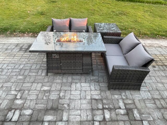 Fimous 4 Pieces Garden Furniture Sets Poly Rattan Outdoor Patio Gas Firepit Dining Table Sofa Set for Garden Backyard Dark Grey Mixed - image 1