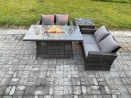 Fimous 4 Pieces Garden Furniture Sets Poly Rattan Outdoor Patio Gas Firepit Dining Table Sofa Set for Garden Backyard Dark Grey Mixed - thumbnail 1