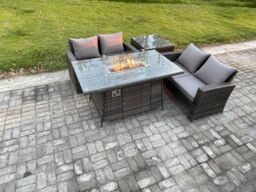 Fimous 4 Pieces Garden Furniture Sets Poly Rattan Outdoor Patio Gas Firepit Dining Table Sofa Set for Garden Backyard Dark Grey Mixed - thumbnail 2