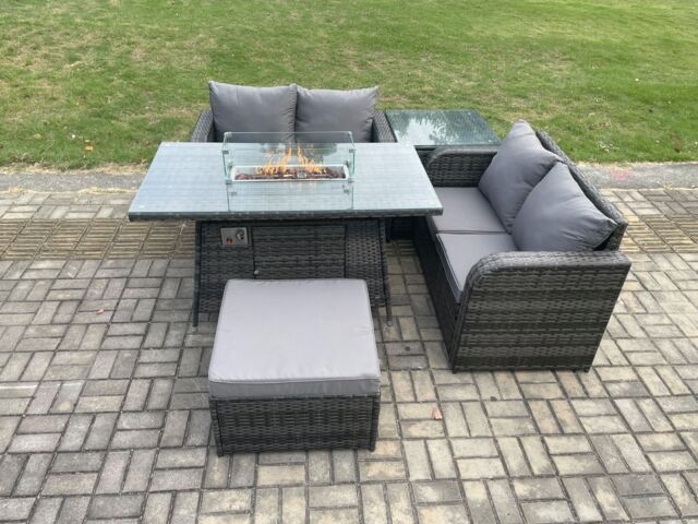 Fimous Rattan Garden Furniture Set with Gas Fire Pit Table 5 Pieces Outdoor Loveseat Sofa Set Dark Grey Mixed - image 1