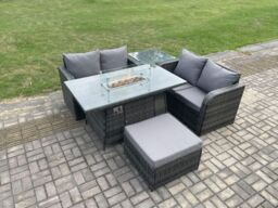Fimous Rattan Garden Furniture Set with Gas Fire Pit Table 5 Pieces Outdoor Loveseat Sofa Set Dark Grey Mixed - thumbnail 3