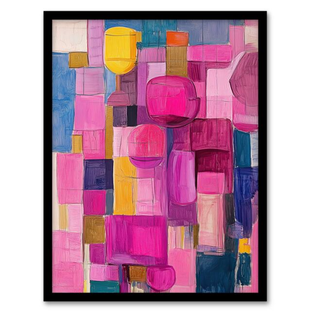 "Artery8 Wine Lover Drinks Pink Abstract Cubist Still Life Framed Art Print - Size: W12"" x H16""" - image 1