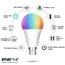 ENER-J Smart Wi-Fi GLS LED Lamp B22, 9W, RGB+W+WW, Dimmable in White - thumbnail 3